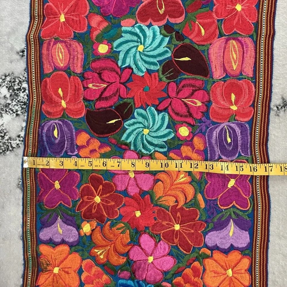 Vintage Embroidered Floral Table Runner Boho Guatemalan Style Textile 92 x 17